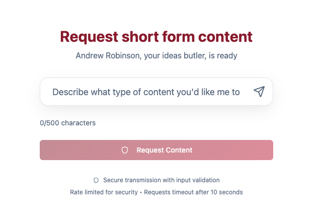 Screenshot of the Short Form Content Generator showing the request interface with text input and submit button